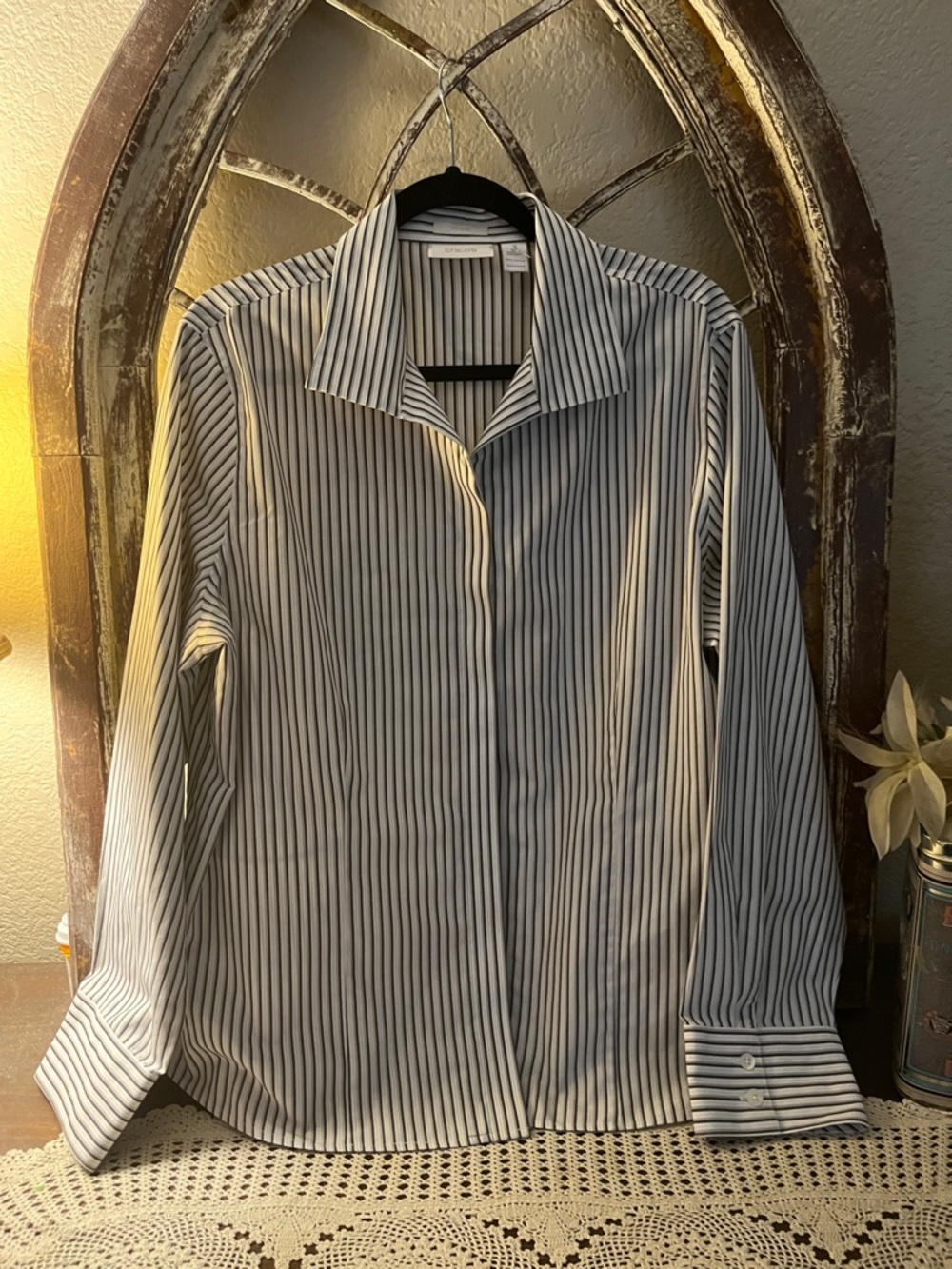 Chico's Men's Striped Button-Down Shirt - Black, White & Tan, Woman’s , Size 3
